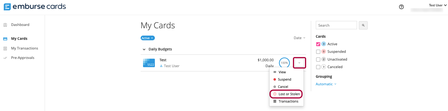 Virtual card menu showing Cancel and Lost or Stolen options.