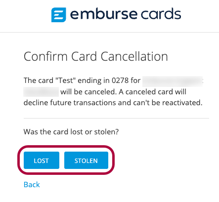 Confirm Card Cancellation screen showing Lost and Stolen options.