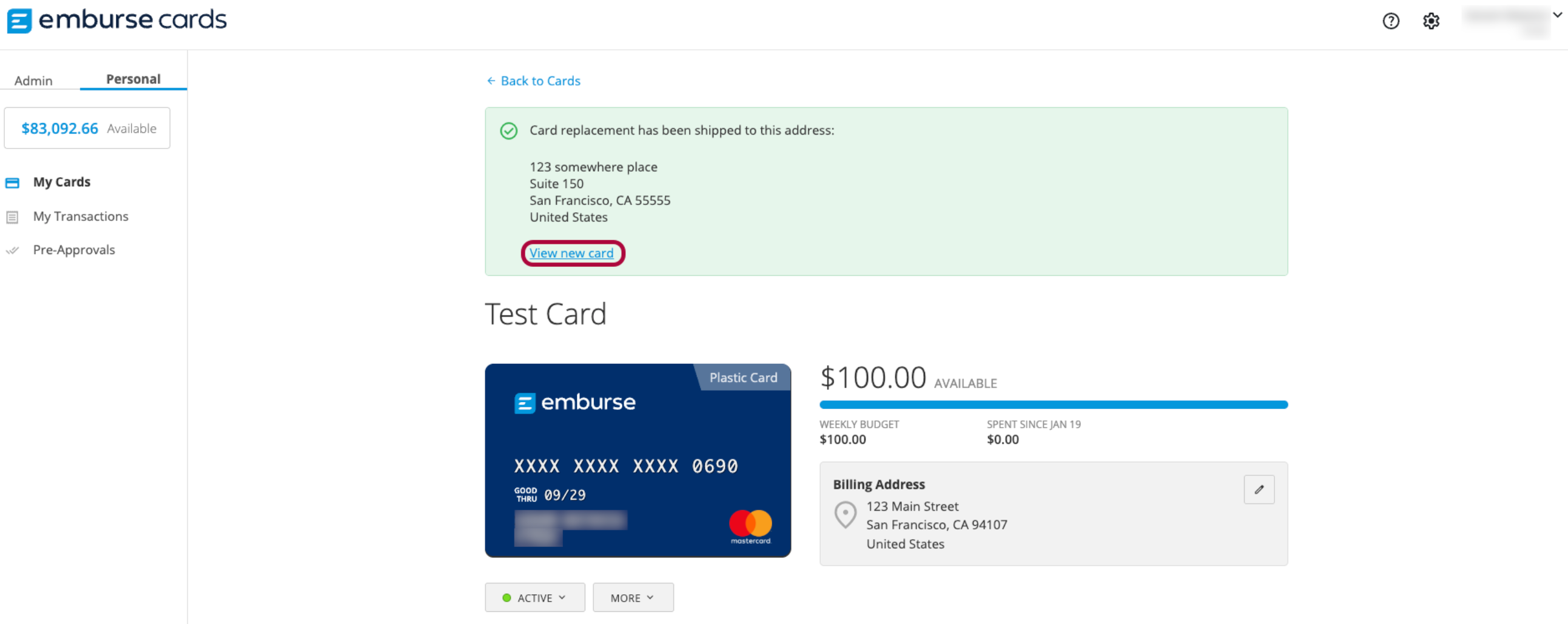 Confirmation message with View new card selected and replacement card details shown.