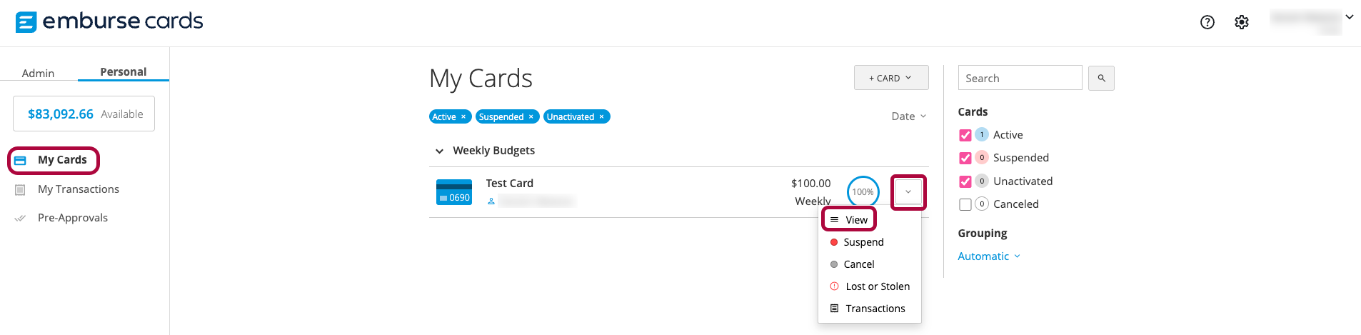 My Cards page with More Options showing View selected for the card.