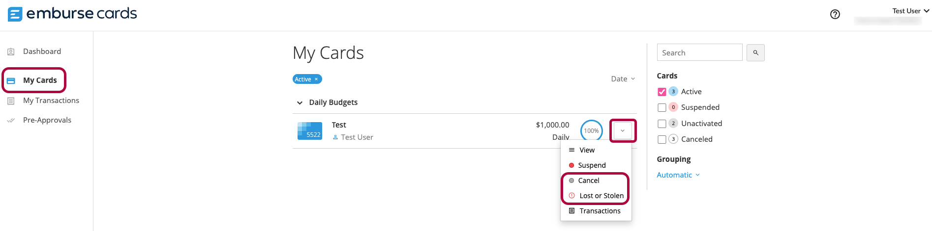 Virtual card menu showing Cancel and Lost or Stolen options.
