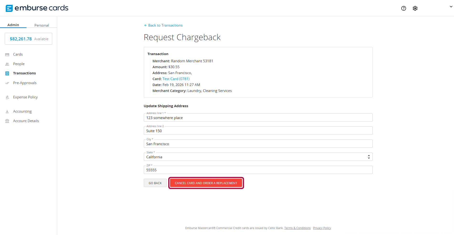 Request Chargeback screen displaying the Update Shipping Address form with address fields populated and the Cancel Card and Order a Replacement button highlighted.