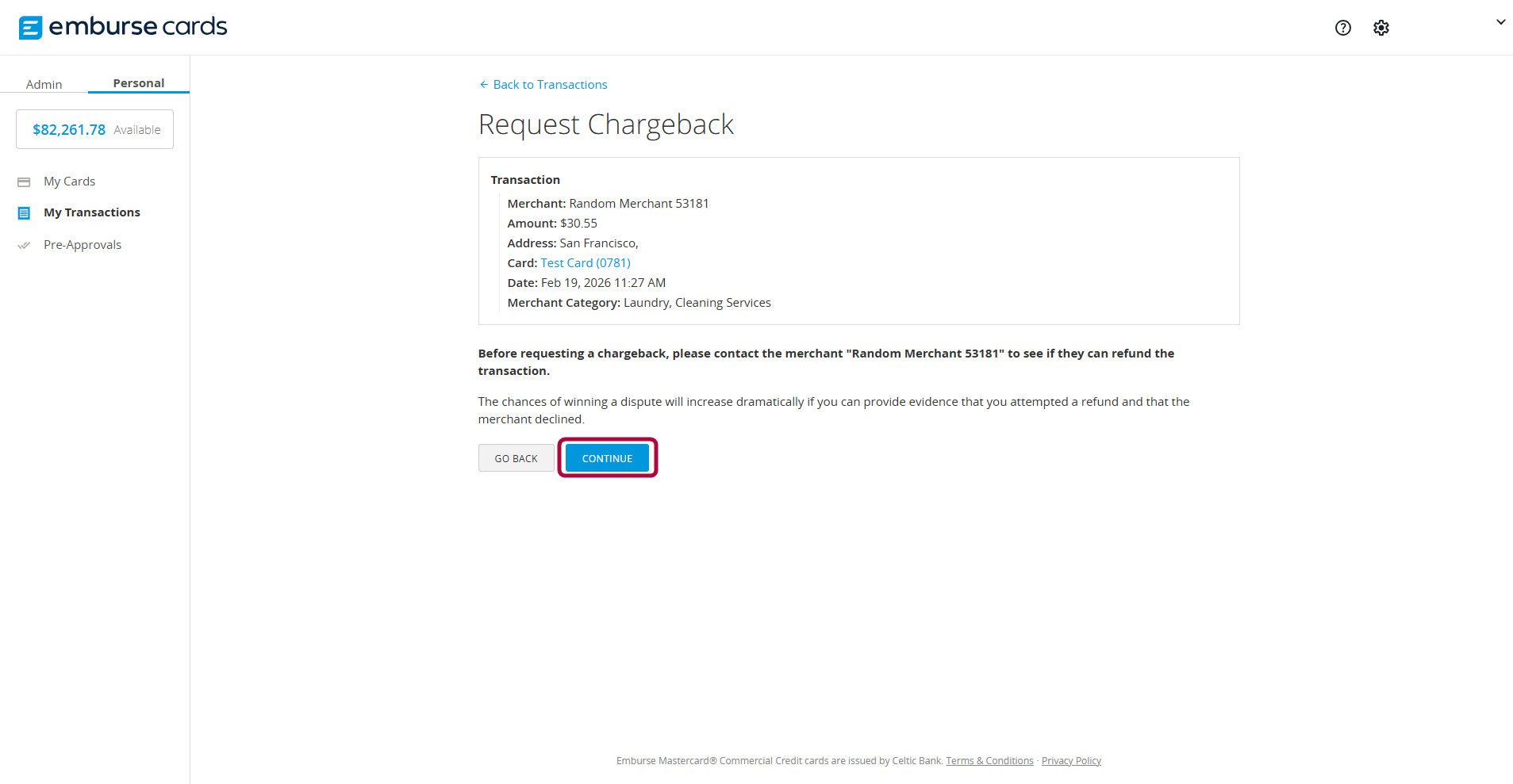 Request Chargeback screen displaying a message instructing the user to contact the merchant before submitting a chargeback, with Go Back and Continue buttons visible and Continue highlighted.