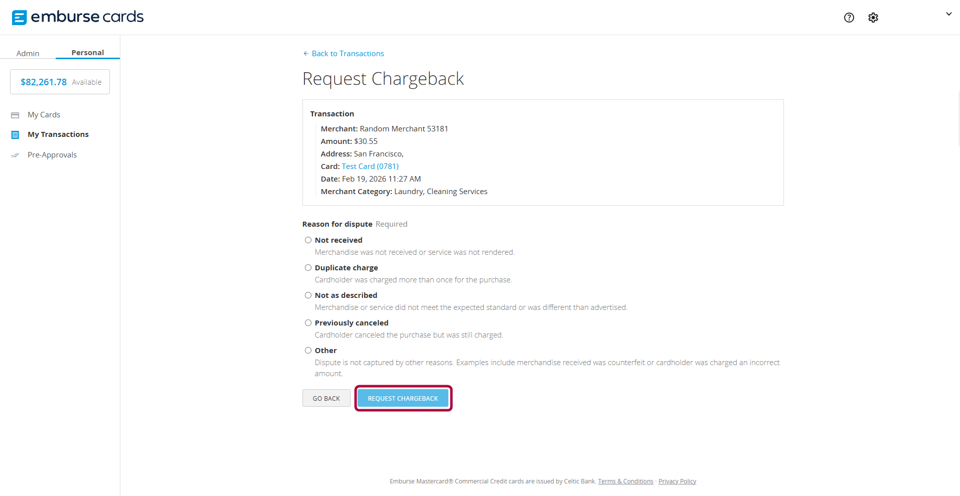 Request Chargeback screen listing dispute reason options such as Not received and Duplicate charge, with the Request Chargeback button highlighted.