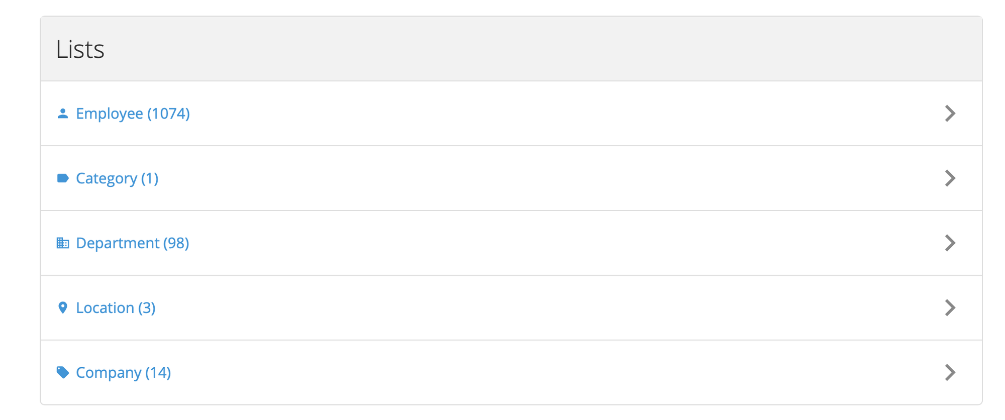 Accounting page showing default lists: Employees, Categories, Departments, Locations, and Labels.