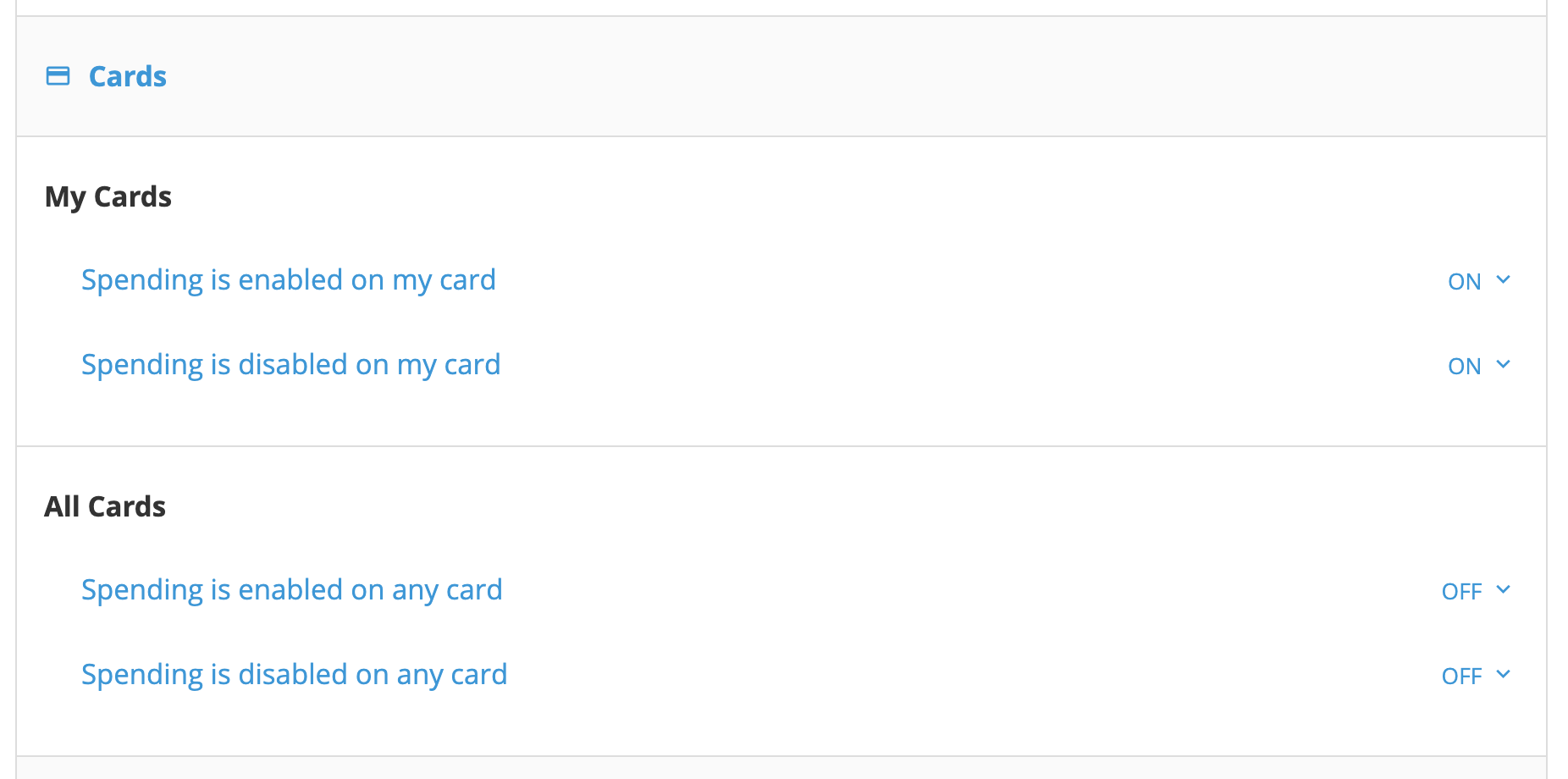 Card notification settings showing options for card creation and suspension alerts.
