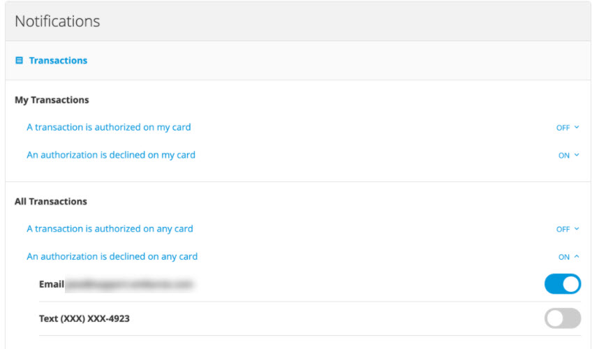 Transaction notification settings showing email and text options.