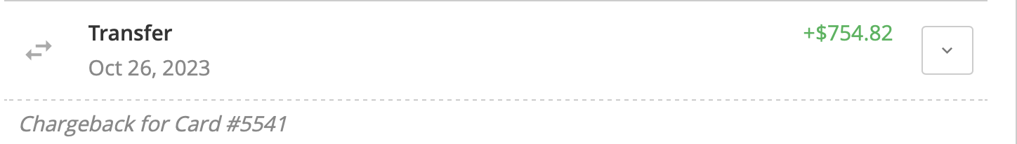 Transactions page showing a transfer record for a card chargeback refund