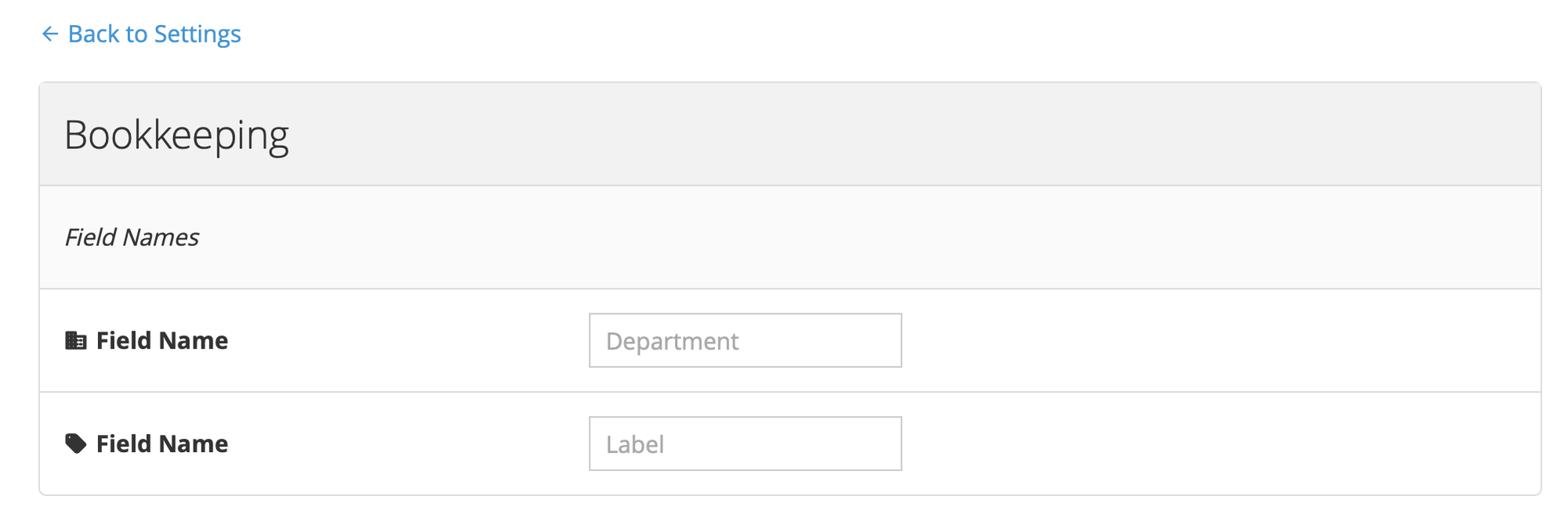 Accounting section under Custom Field Labels with the Edit option.
