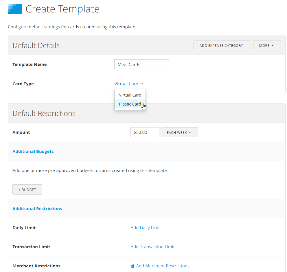 Create Card Template form with template detail fields and the Create Card Template button.