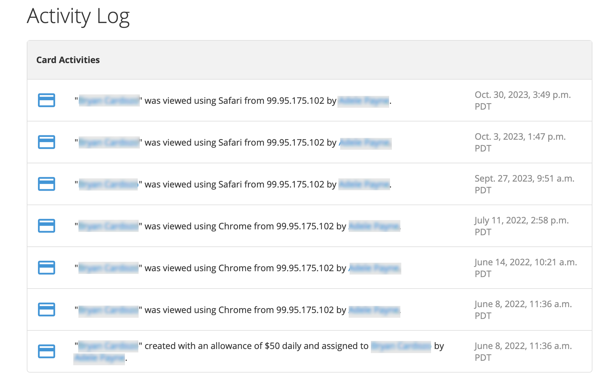 Card Activity Log panel displaying status changes, user actions, and timestamps.
