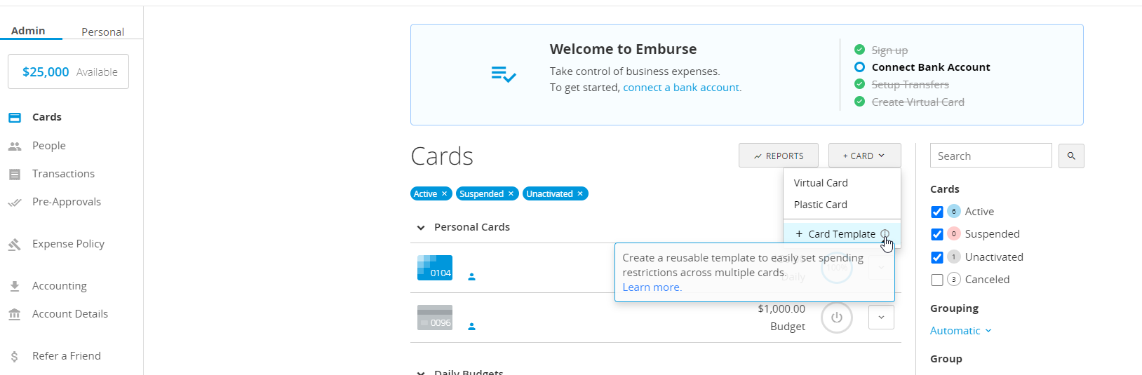 Cards page showing the + Card menu with the + Card Template option.