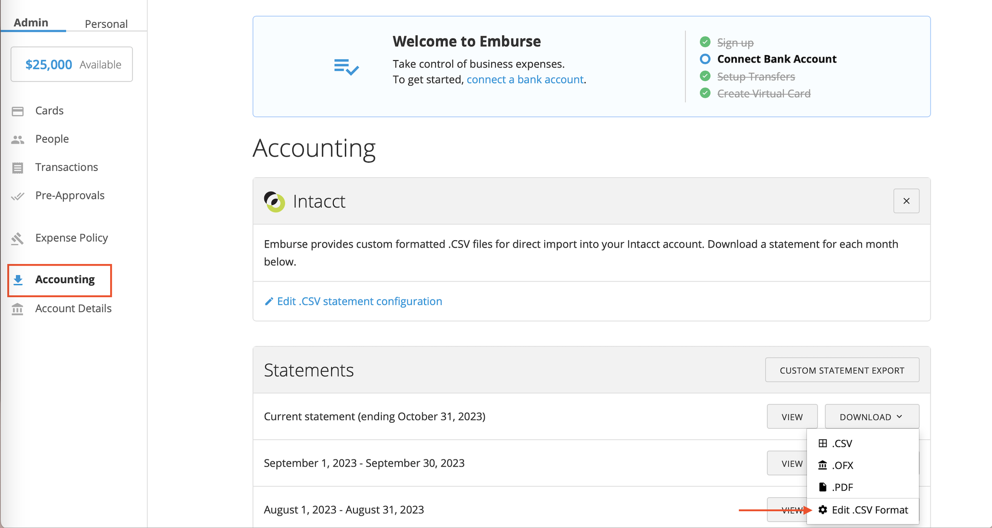 Accounting page Download section with Edit .CSV Format option.