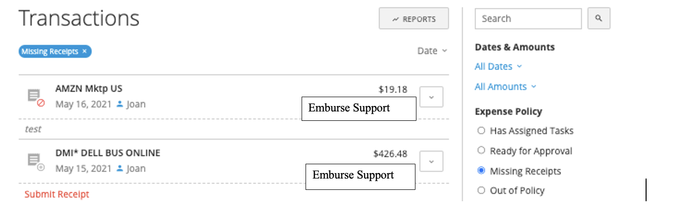 Transaction details screen showing a prompt to upload a receipt to complete a missing receipt task.
