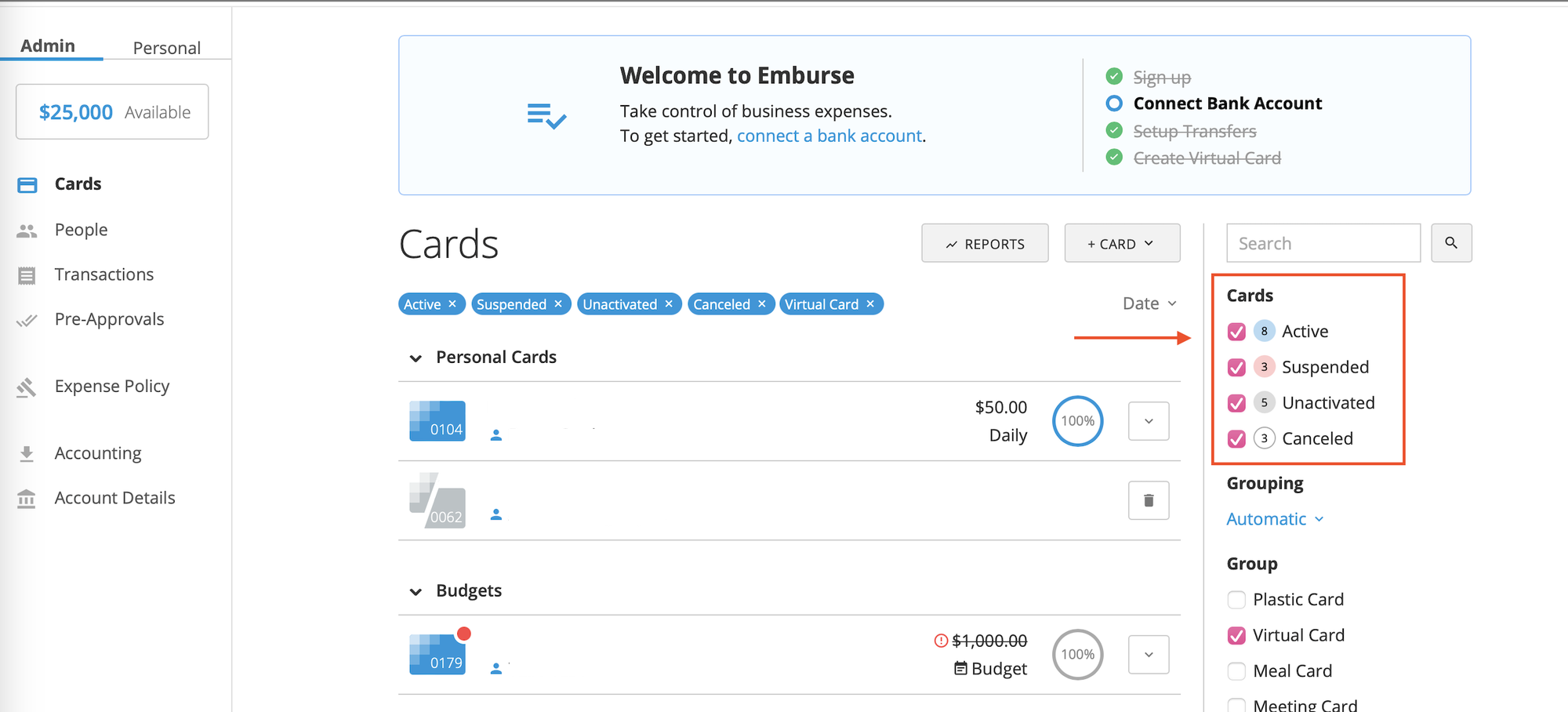 Cards page showing filter options for Active, Suspended, Unactivated, and Canceled statuses.