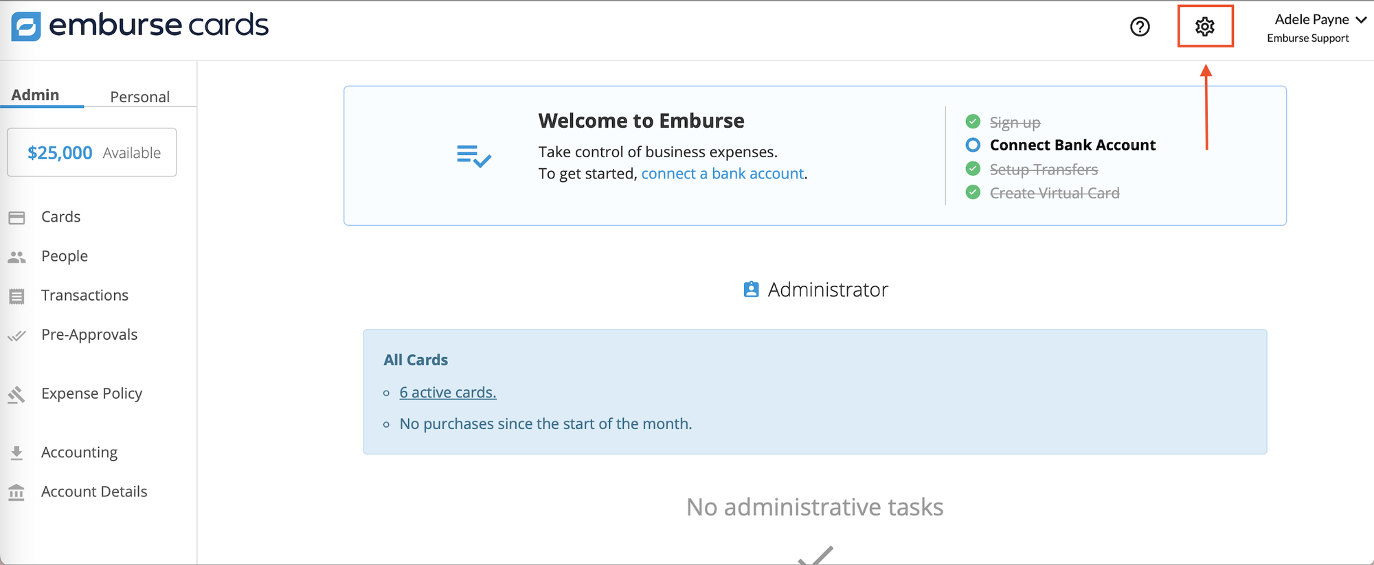Settings button in the top right corner of the Emburse Cards application.