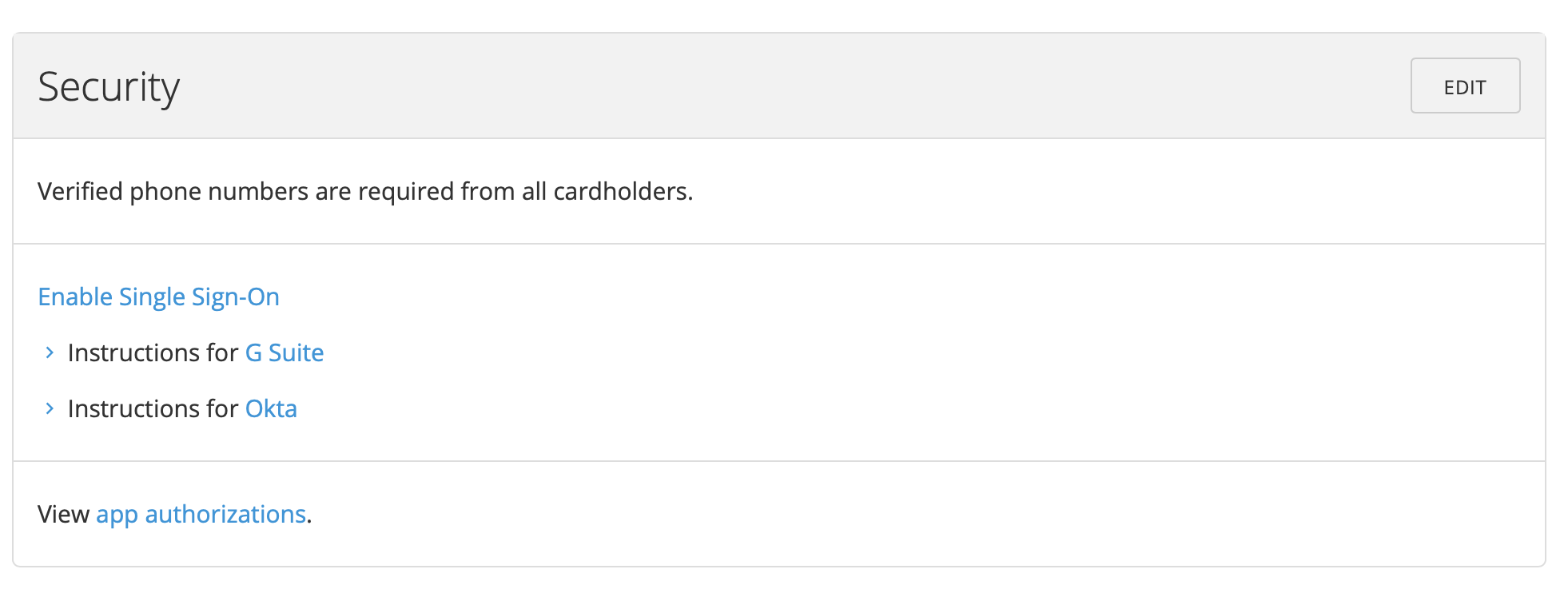 Security section with Edit button and security configuration options.