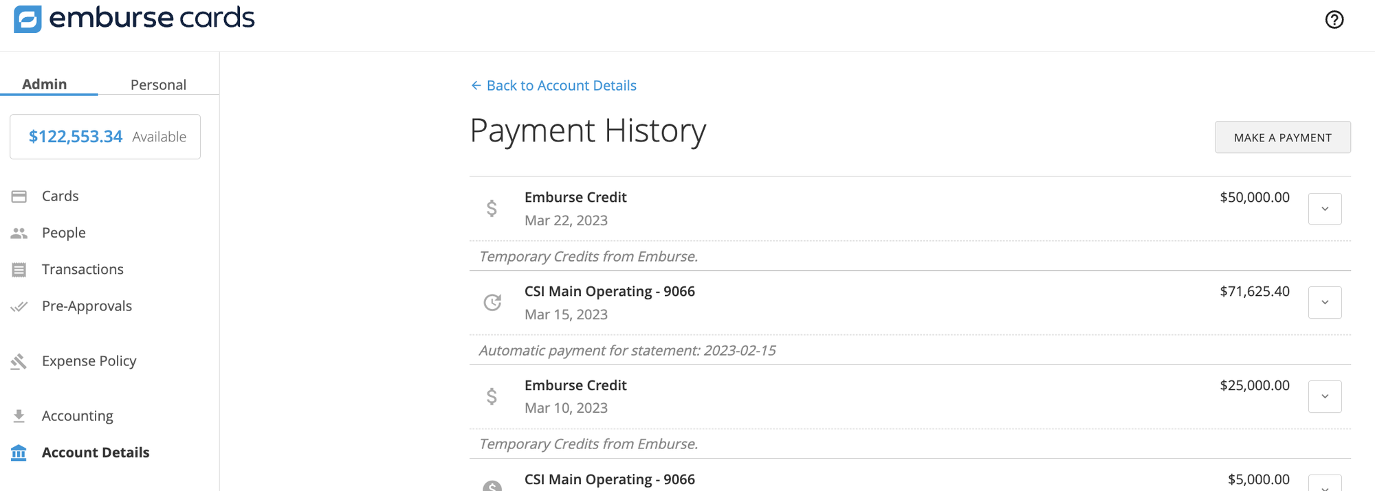 Audit ledger listing payment history with date, amount, and payment account