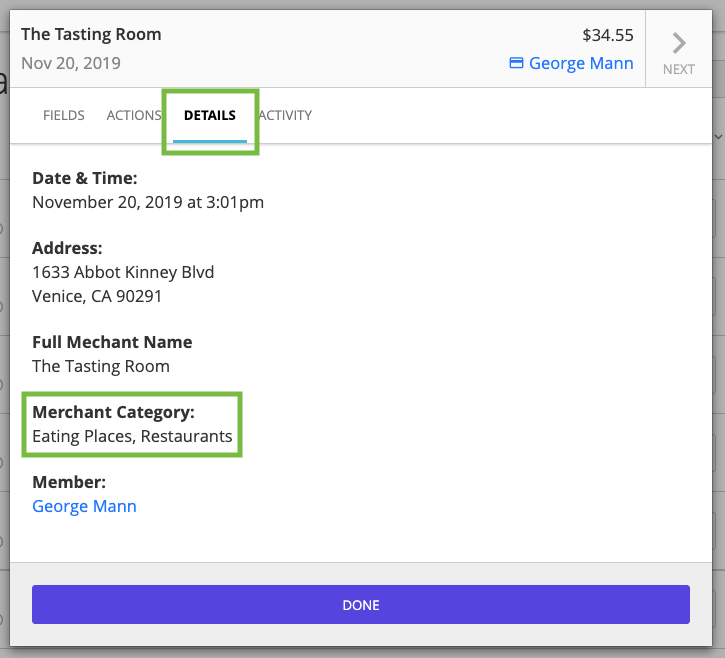 Transaction details view showing merchant category and transaction information.