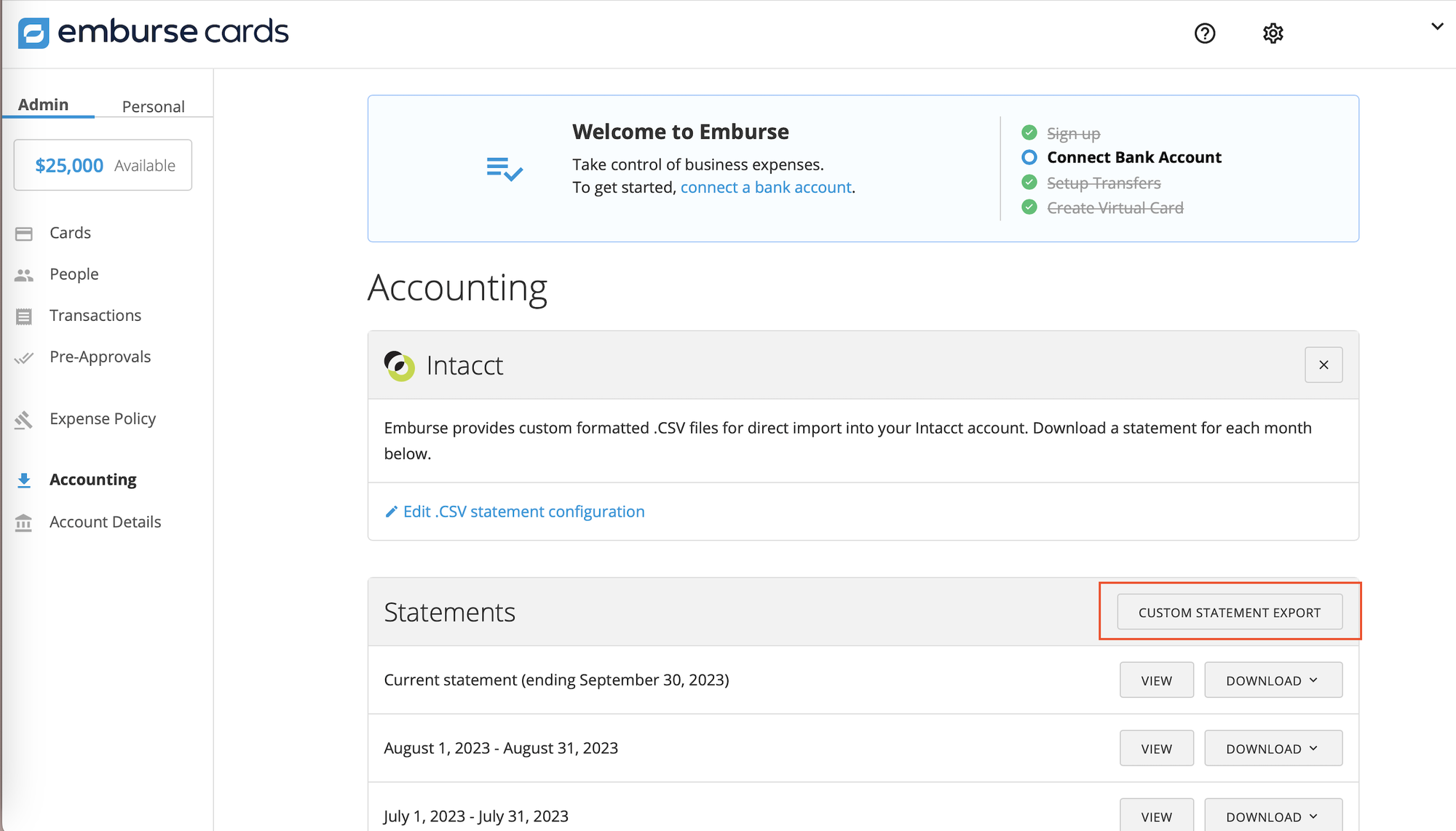 Custom Statement Export options on the Accounting page with start date, end date, format, and Download Statement button.
