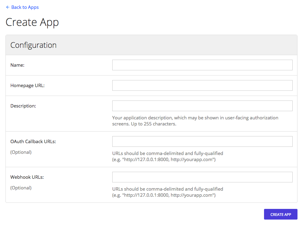 Create App form showing fields for name, homepage URL, description, OAuth callback URLs, and webhook URLs
