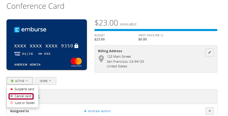 Card details page showing the More menu with the Cancel Card option.