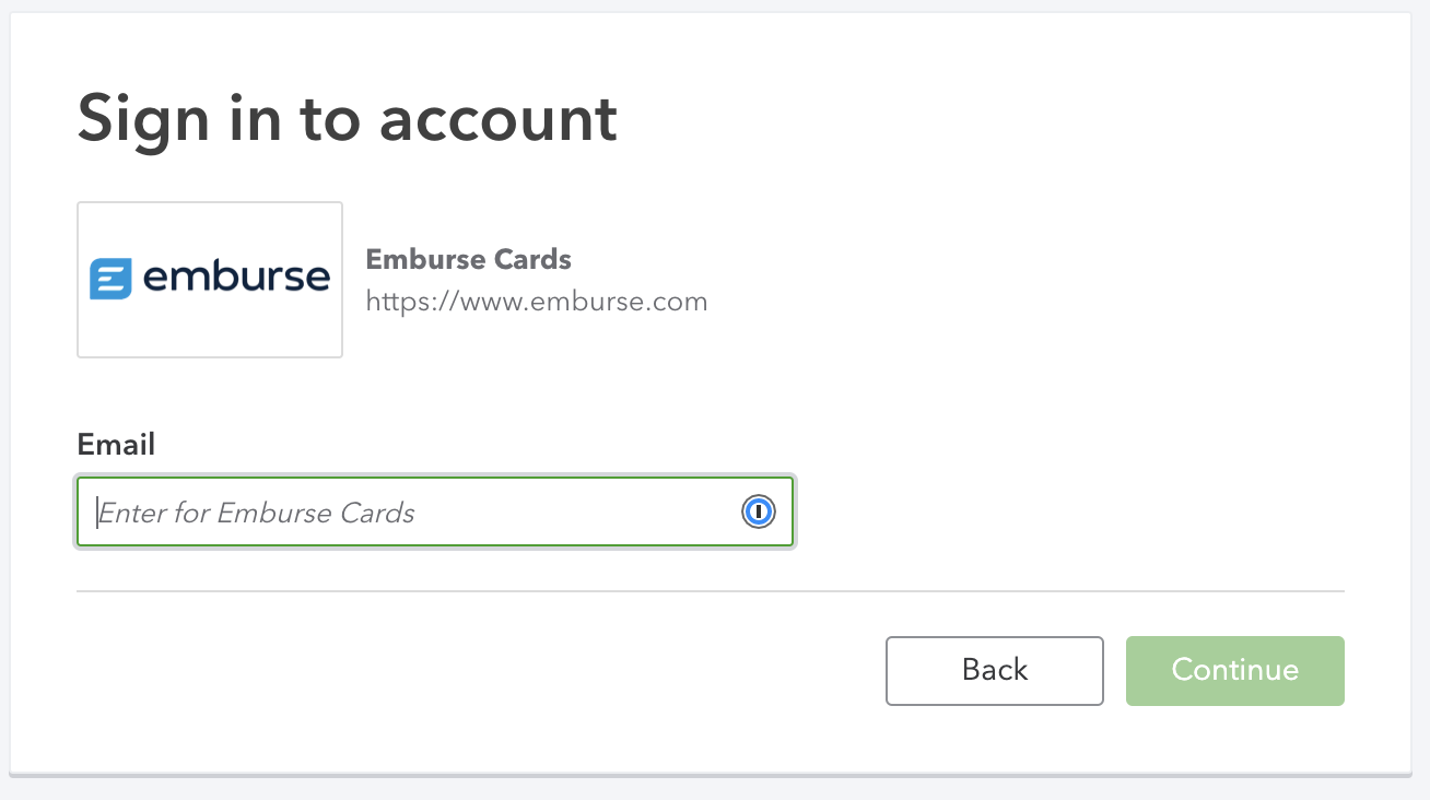 Authentication screen prompting for the Emburse Cards account email address.