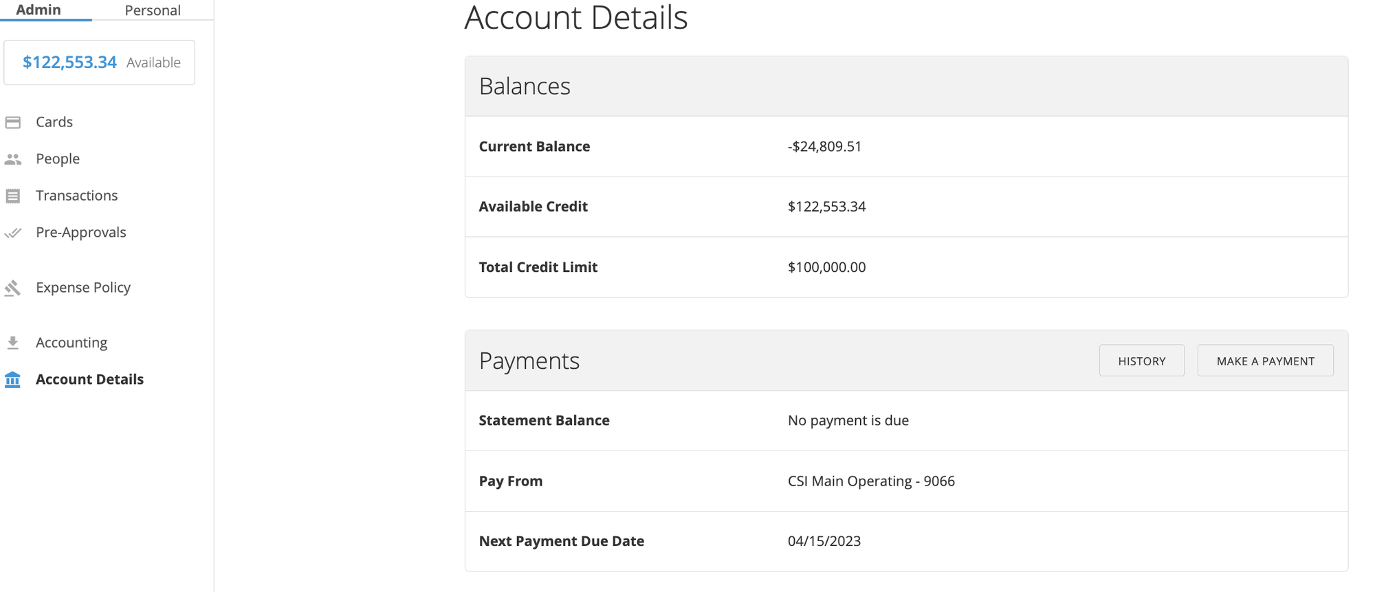 Emburse Cards dashboard showing the Account Details tab for a credit line