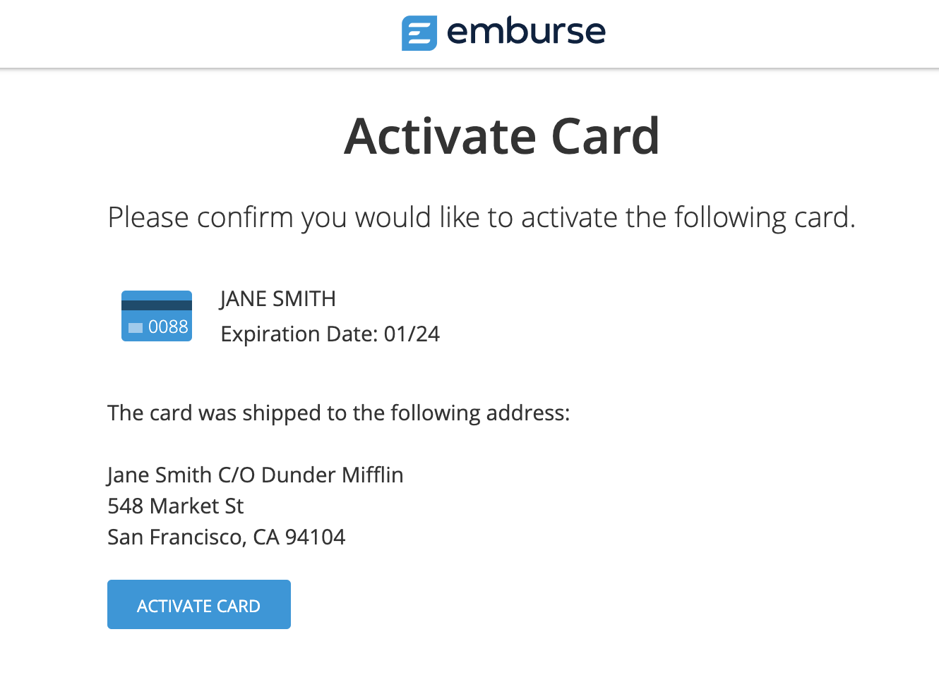 Confirmation screen showing the Activate Card button.