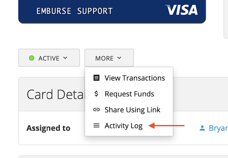 Card details page showing the More option below the card information.