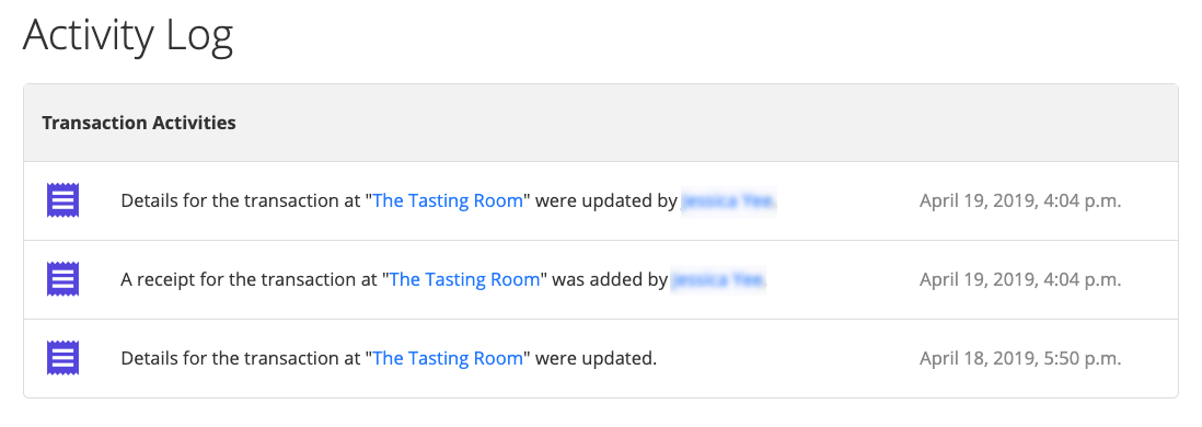Transaction Activity Log showing field updates, user names, and timestamps.