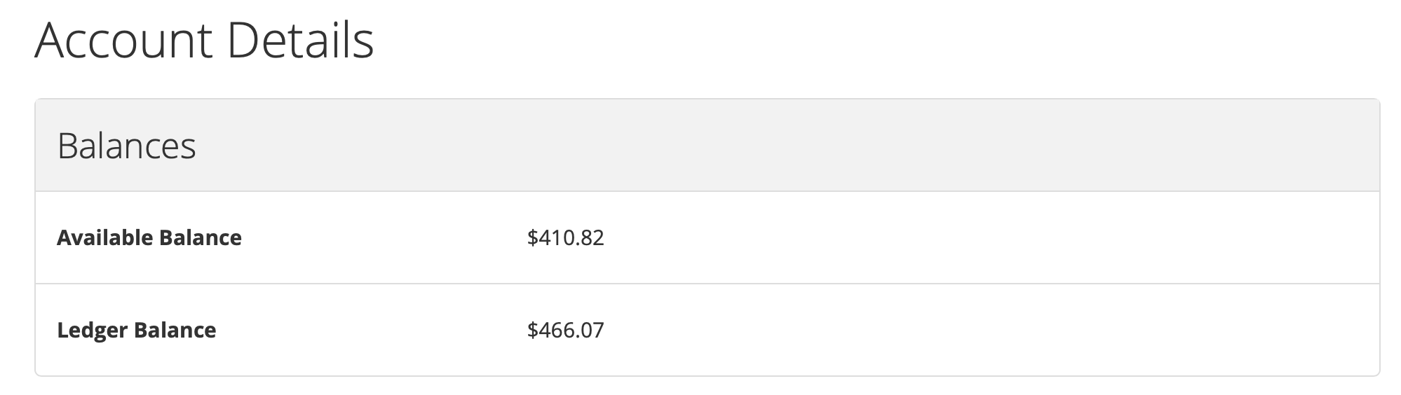 Account Details page showing ledger, available, and minimum balances.
