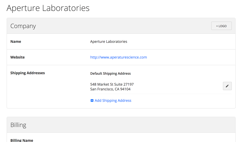 Company section showing Edit and Add Shipping Address buttons.