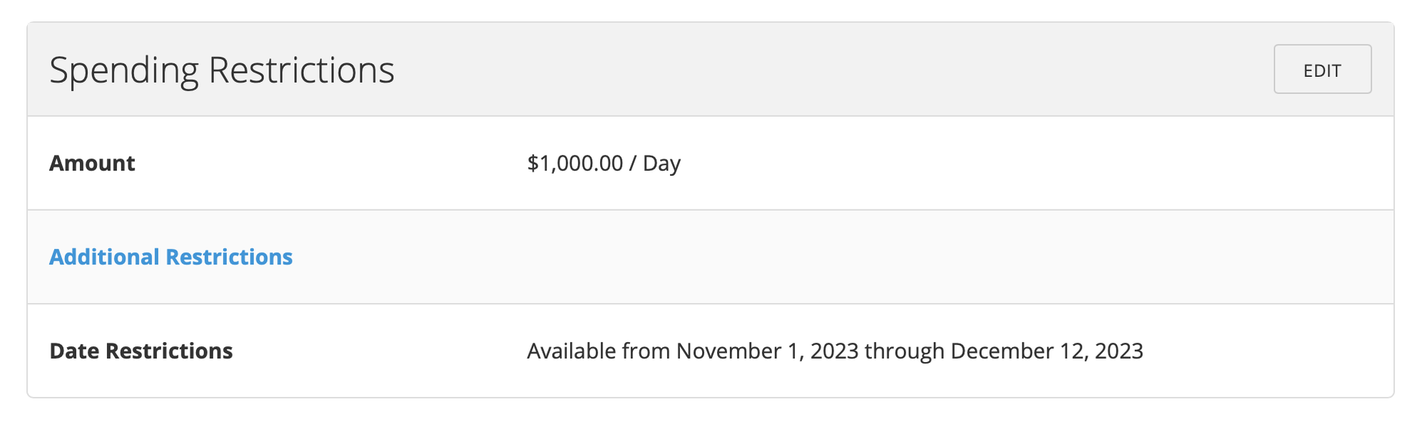 Card settings screen showing date restriction configuration.