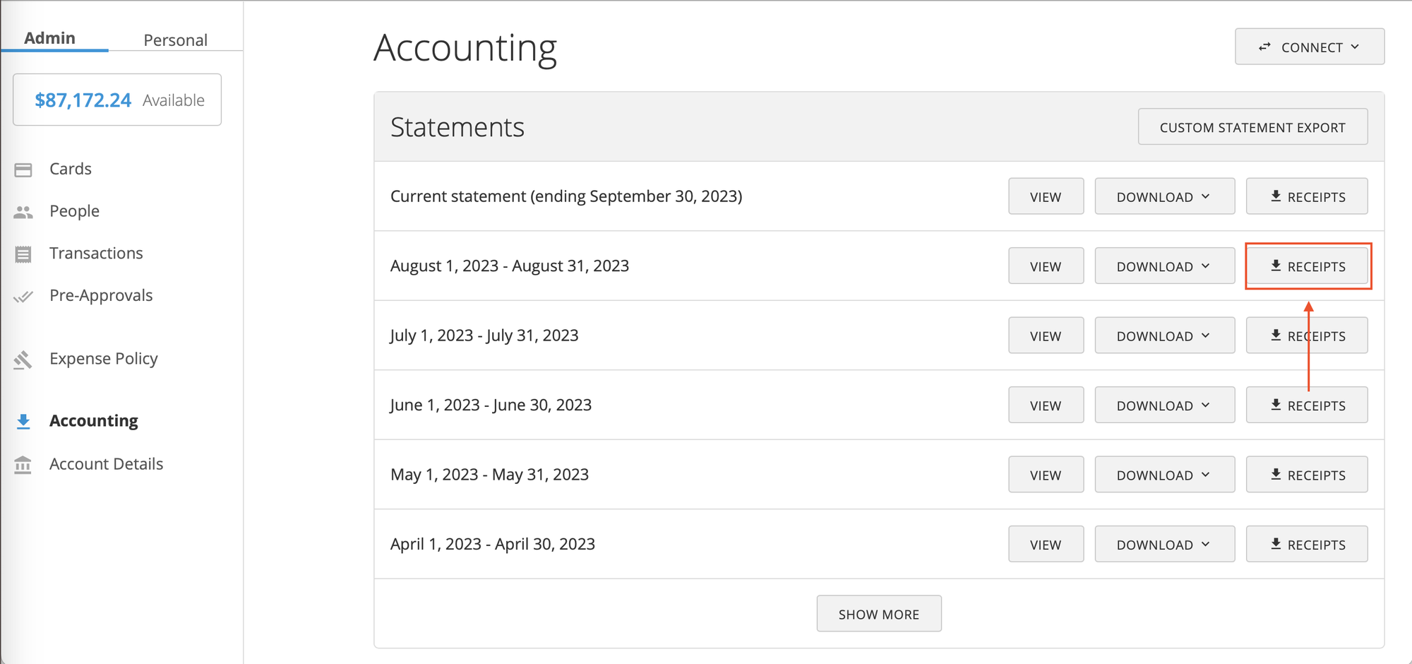 Accounting page showing a month row with a Receipts button.