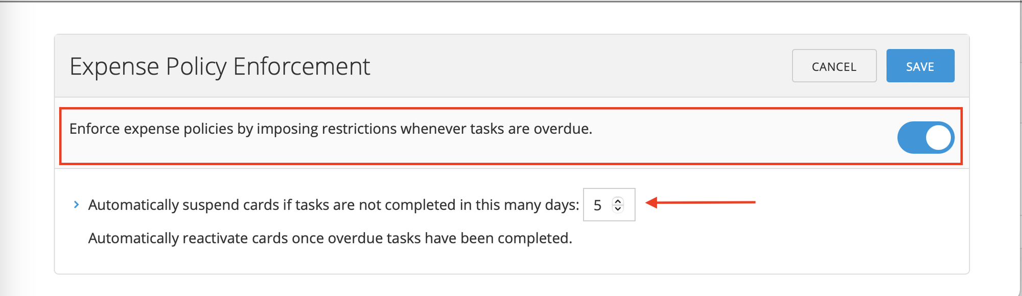 Expense Policy Enforcement settings showing the enforcement toggle and fields for overdue timing and spending limit.