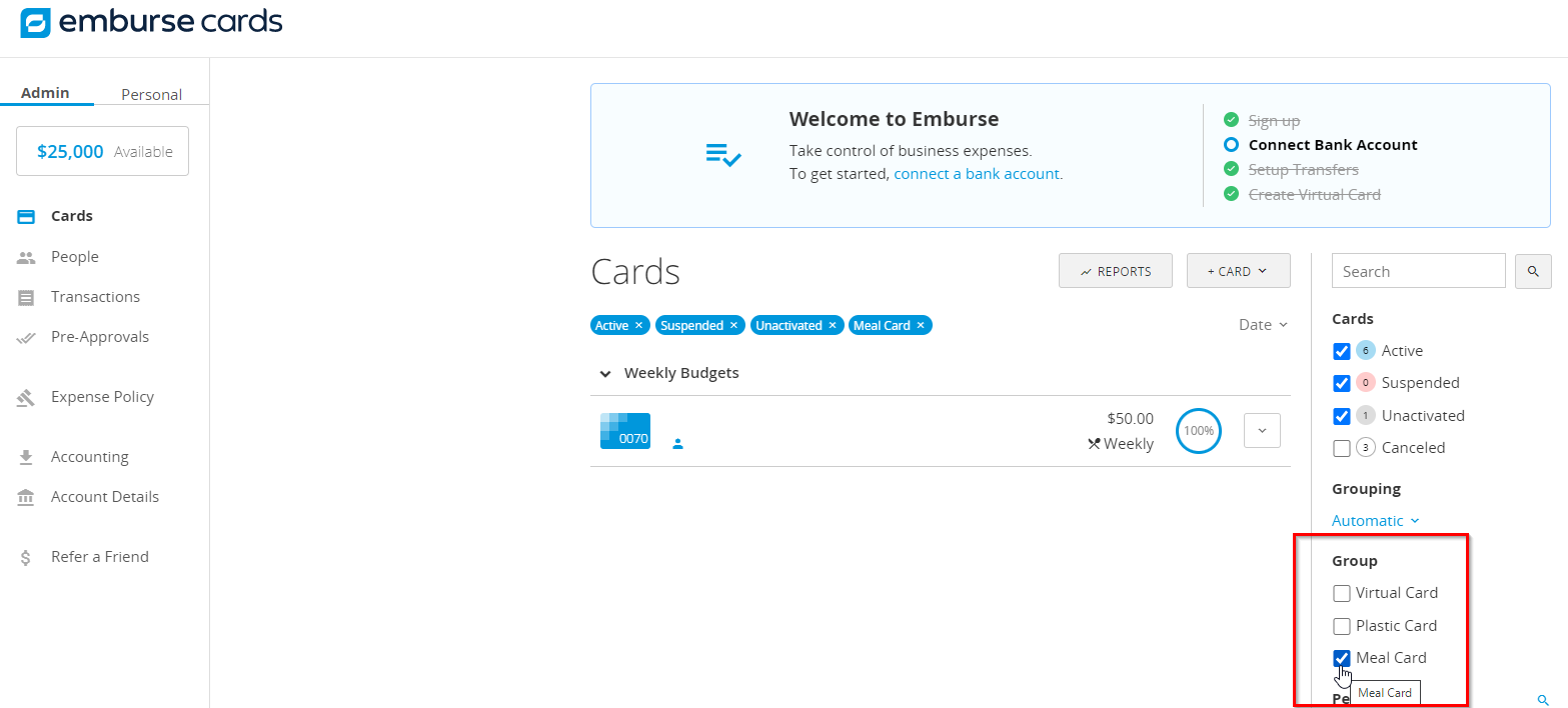 Cards page showing the Group filter for selecting card templates.
