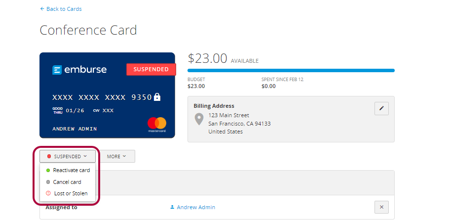 Card details screen showing the Suspended status button and the Reactivate Card option.