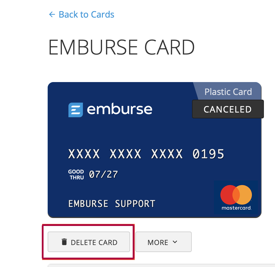 Card details screen showing the Delete Card option.