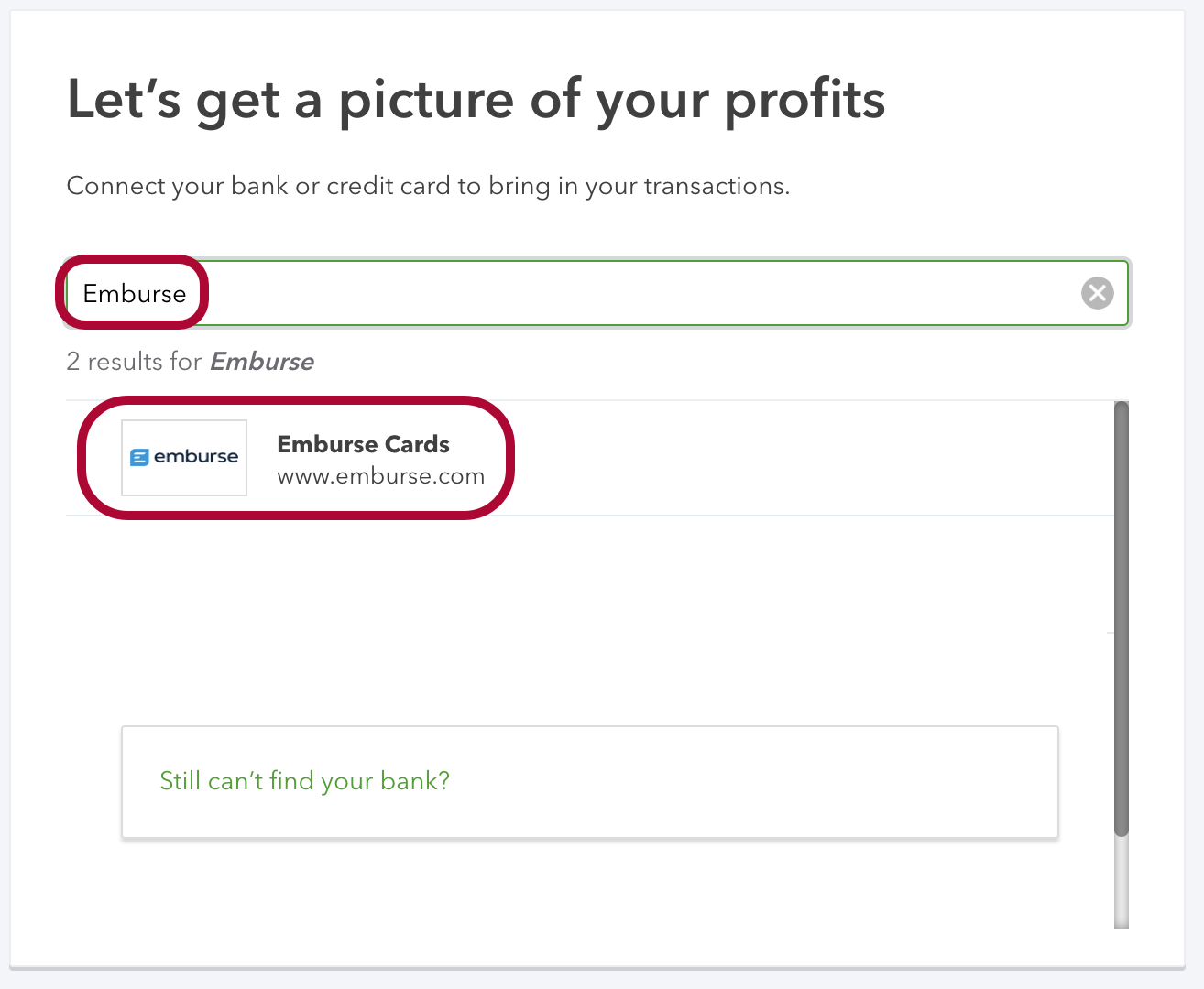 Search results in QuickBooks Online showing Emburse Cards as a connect option.