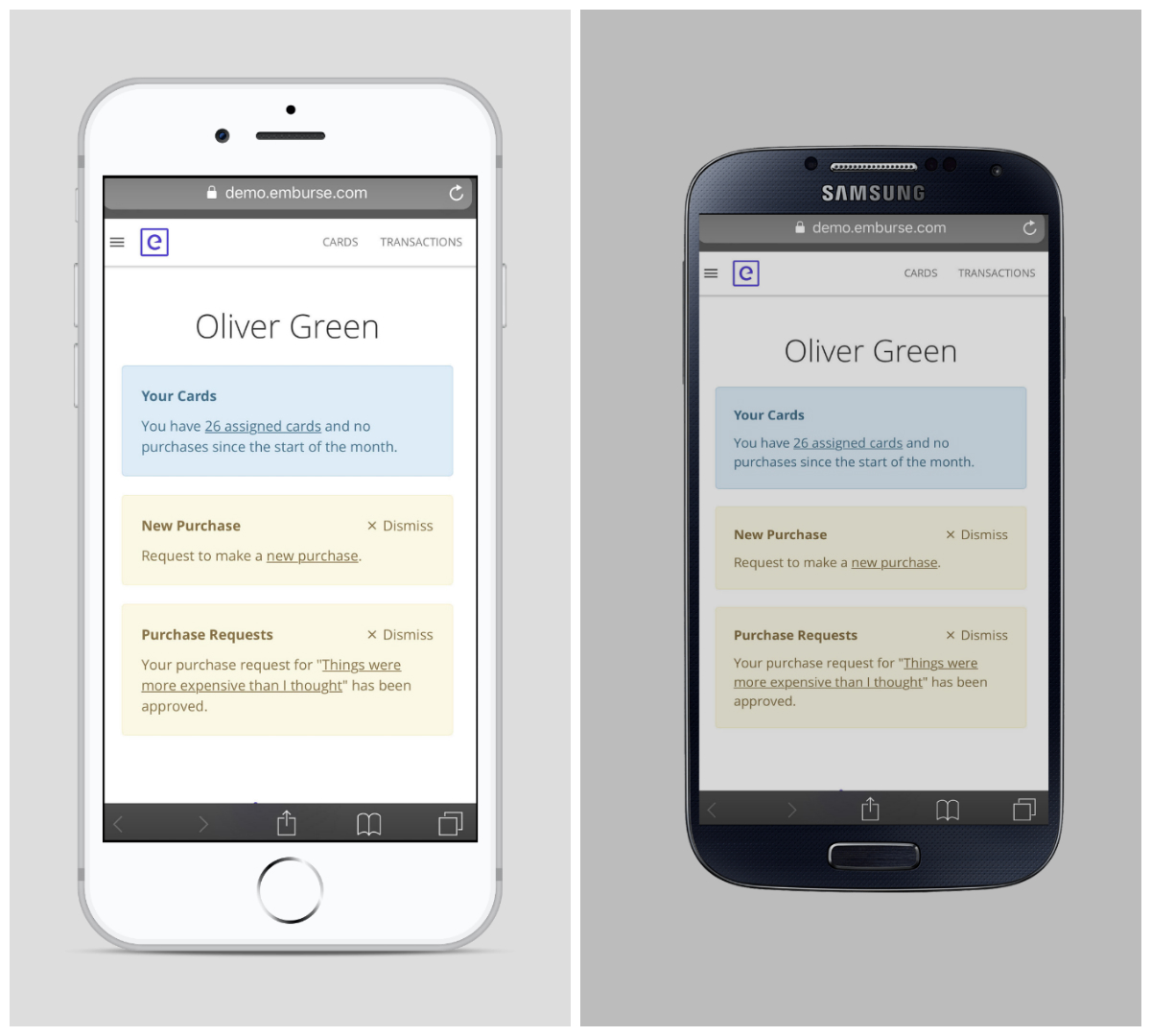 Emburse Cards dashboard displayed in a mobile web browser.