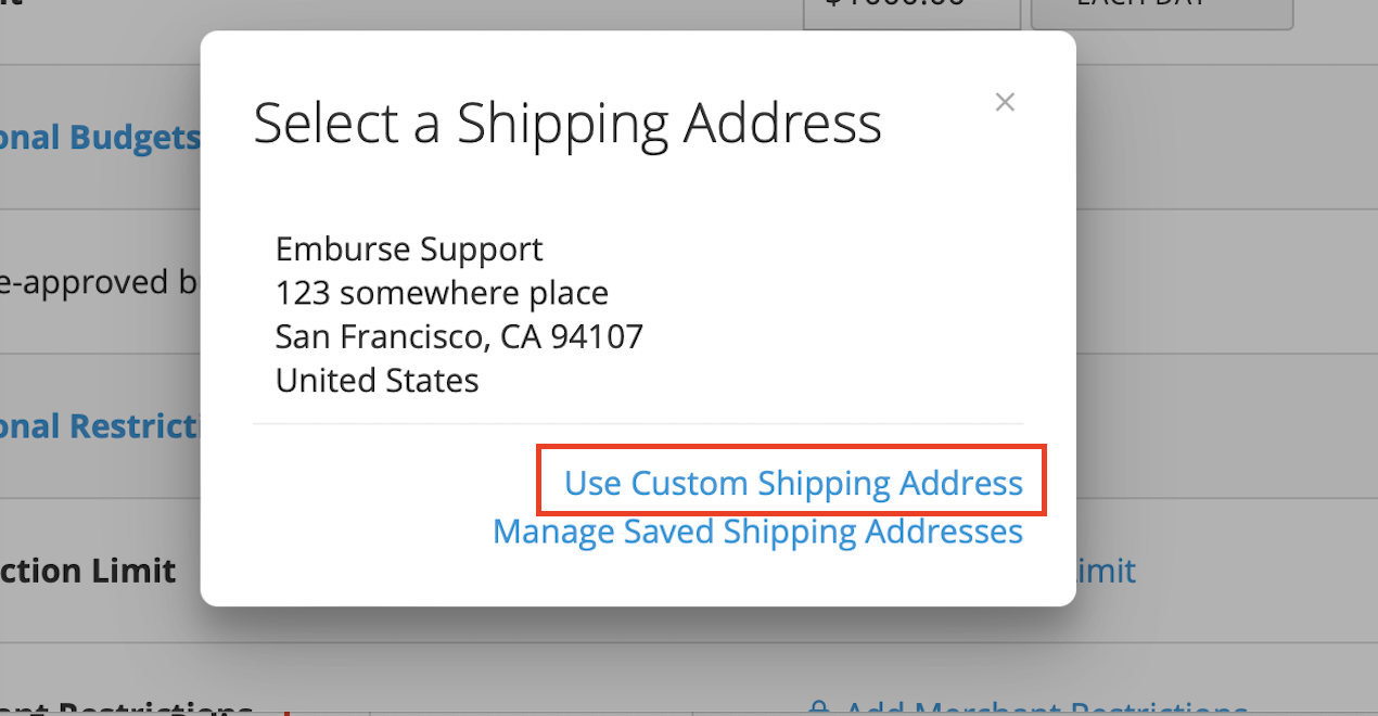Shipping address box showing the Edit option and Custom Shipping Address selection.