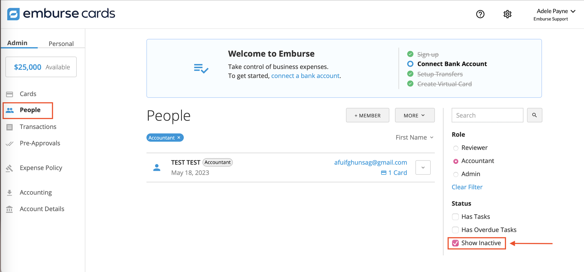 People page with the Show Inactive filter selected and inactive users visible.