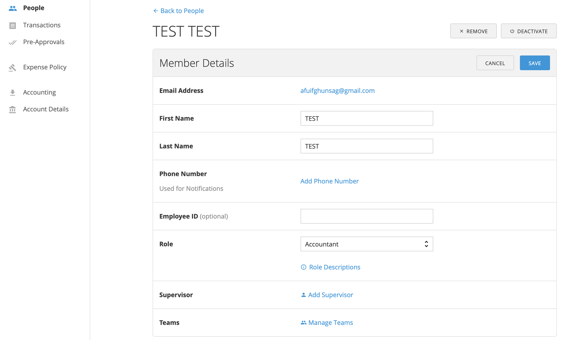 Member profile page showing editable fields such as role, supervisor, teams, and employee ID.