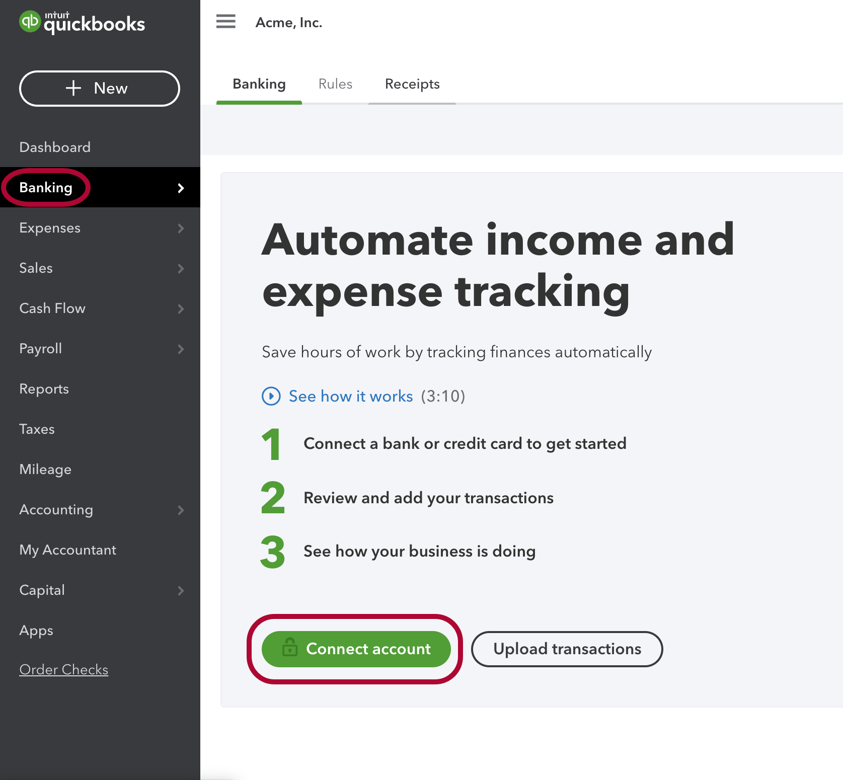 QuickBooks Online Banking page with the Connect Account button highlighted.