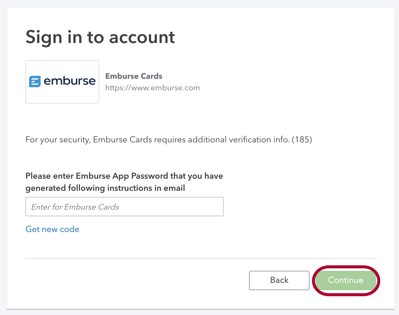 Password entry screen in QuickBooks Online with the Continue button.