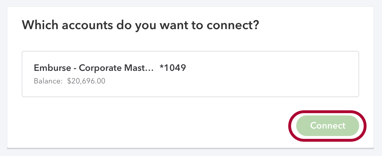 Account selection screen in QuickBooks Online with the Connect button.