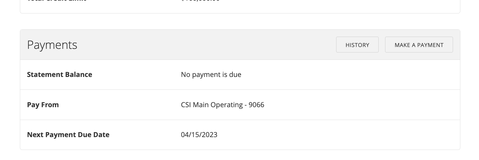 Payments section showing statement balance, auto-pay account on file, and next payment date