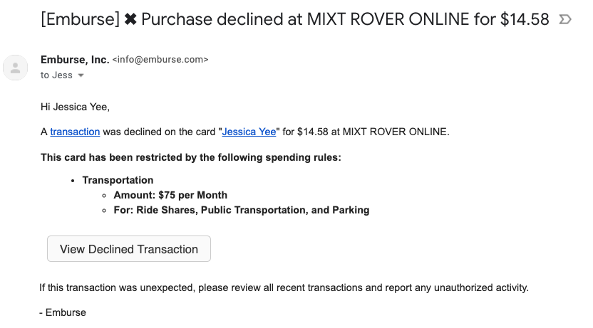 Example of a declined transaction email showing the merchant name and decline reason.