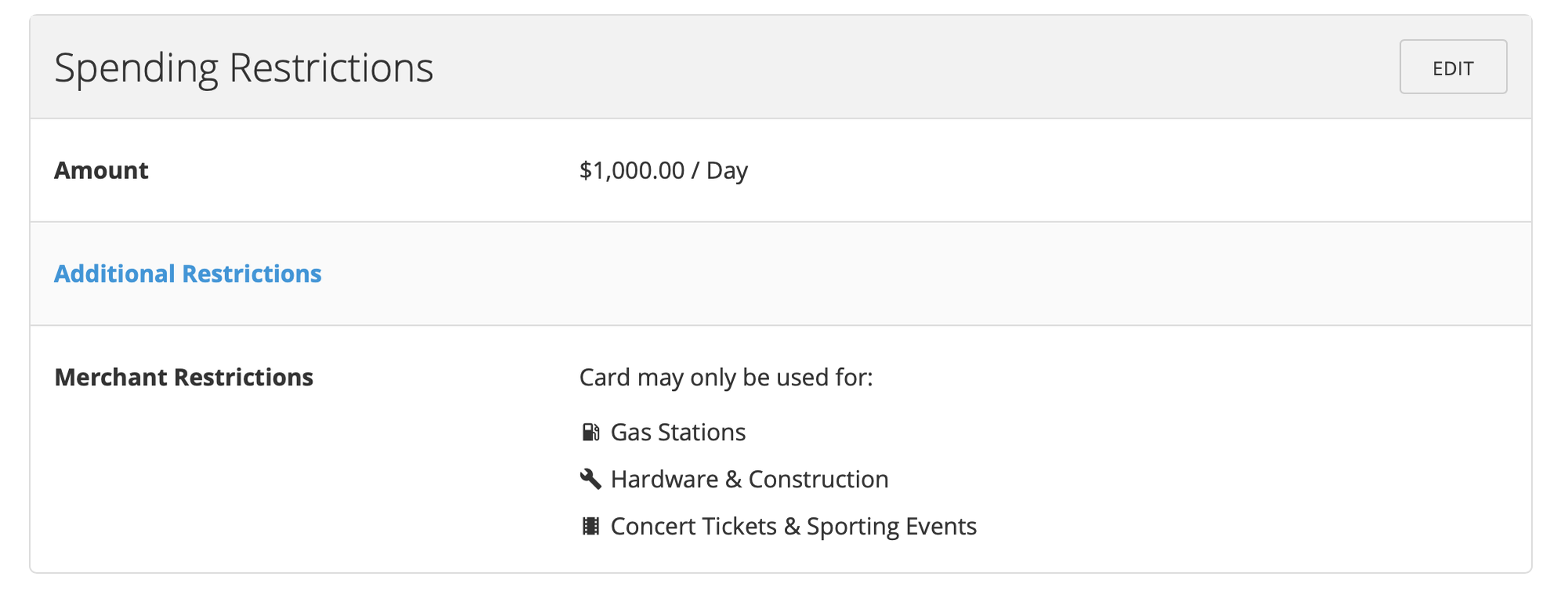 Card settings screen showing merchant restriction configuration.